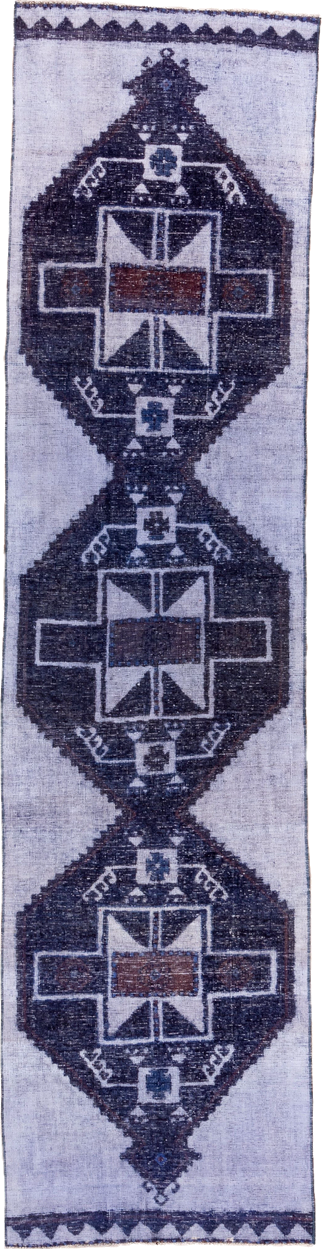 3' x 12' one-of-a-kind handmade vintage Oushak runner rug. Color palette: blue, gray, light blue, light gray, off-white