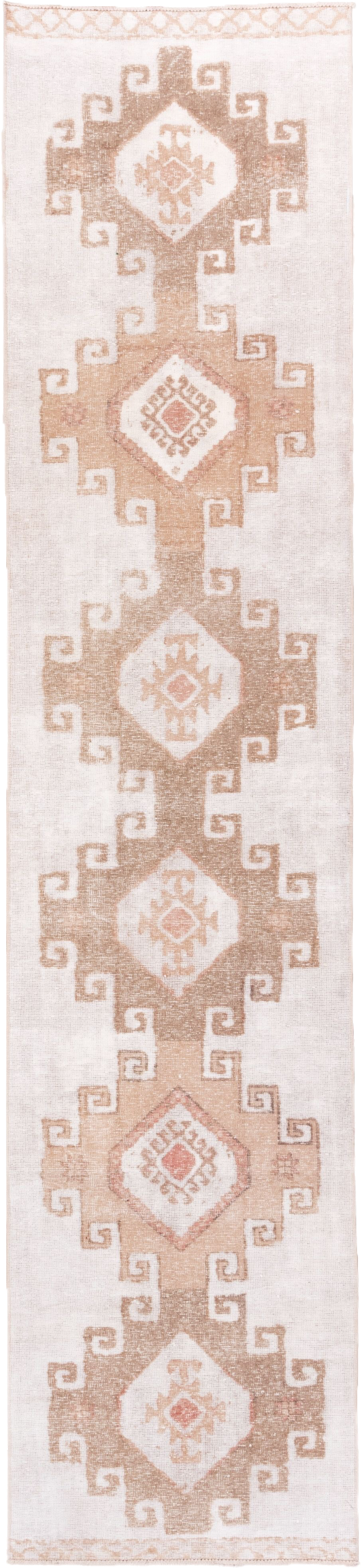2' x 12' one-of-a-kind handmade vintage Oushak runner rug. Color palette: ivory, taupe, blush, beige, gray, pink