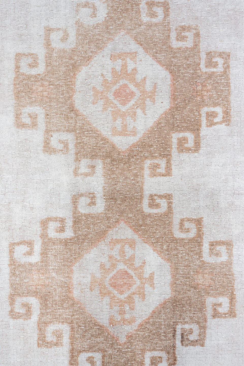 2' x 12' one-of-a-kind handmade vintage Oushak runner rug. Color palette: ivory, taupe, blush, beige, gray, pink