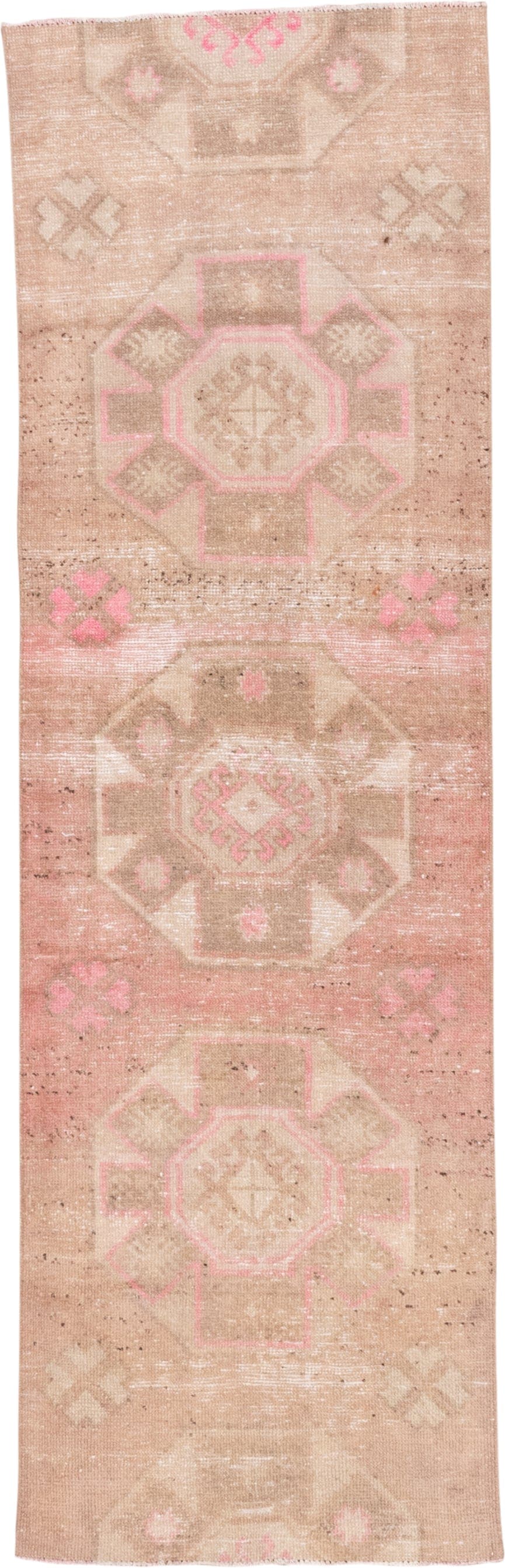 2' x 8' one-of-a-kind handmade vintage Oushak runner rug. Color palette: blush, beige, ivory, taupe, sand, pink, gray