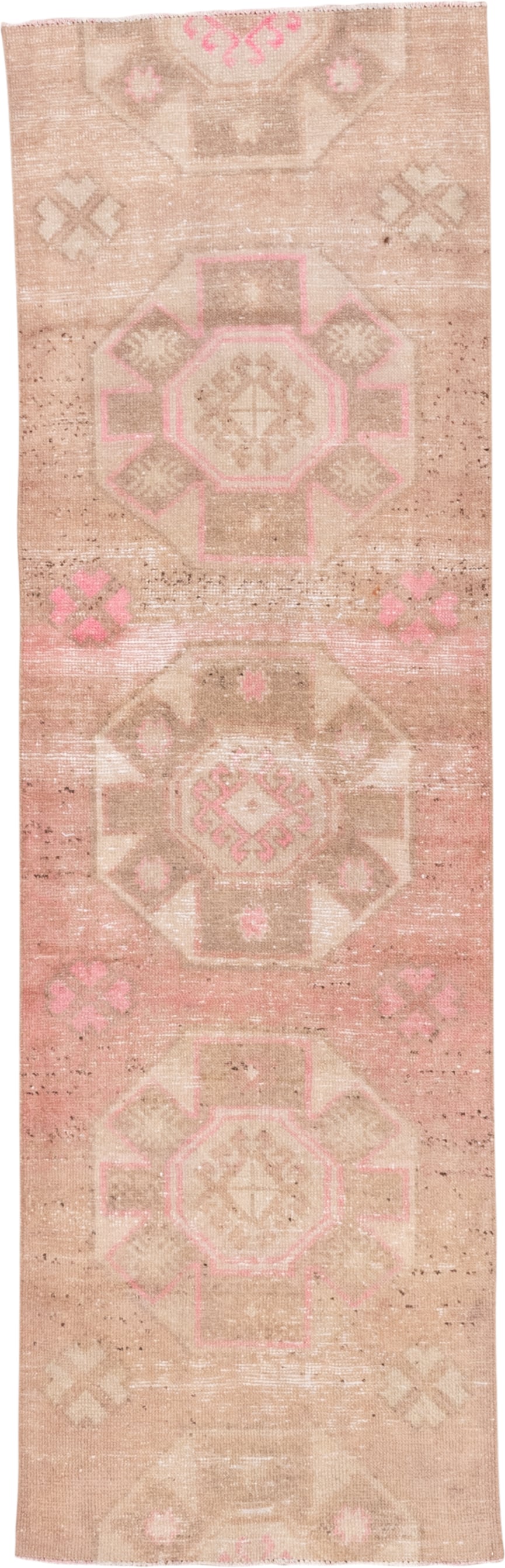 2' x 8' one-of-a-kind handmade vintage Oushak runner rug. Color palette: blush, beige, ivory, taupe, sand, pink, gray