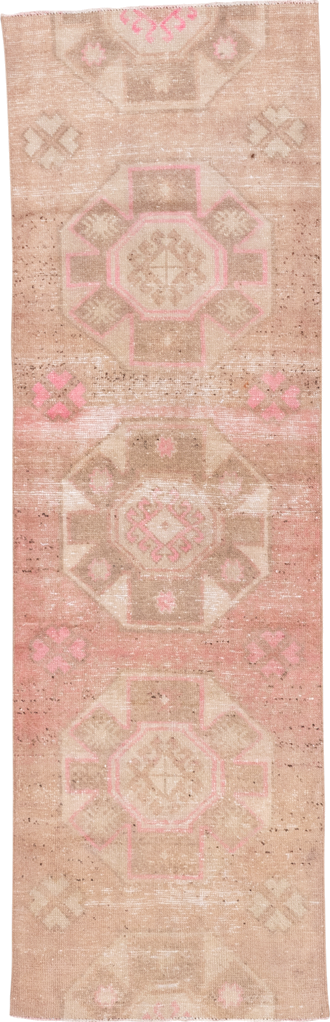 2' x 8' one-of-a-kind handmade vintage Oushak runner rug. Color palette: brown, light gray, off-white, orange, pink, snow