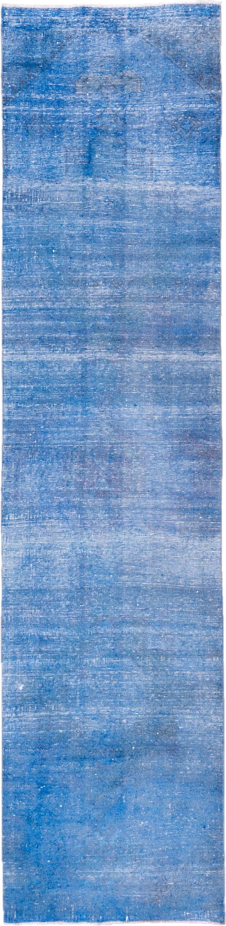 3' x 12' one-of-a-kind handmade vintage Overdyed runner rug. Color palette: cobalt, sky blue, slate, ivory, blue, light blue