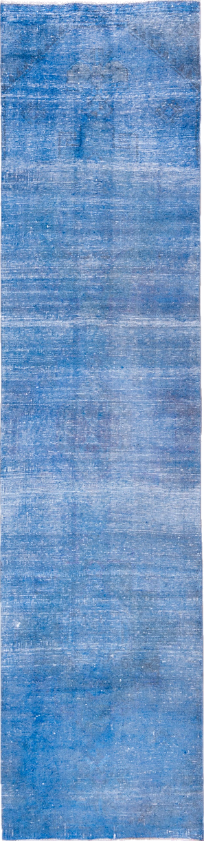 3' x 12' one-of-a-kind handmade vintage Overdyed runner rug. Color palette: blue, gray, light blue, light gray, off-white