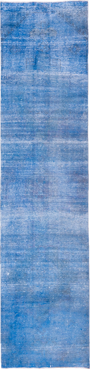 3' x 12' one-of-a-kind handmade vintage Overdyed runner rug. Color palette: blue, gray, light blue, light gray, off-white