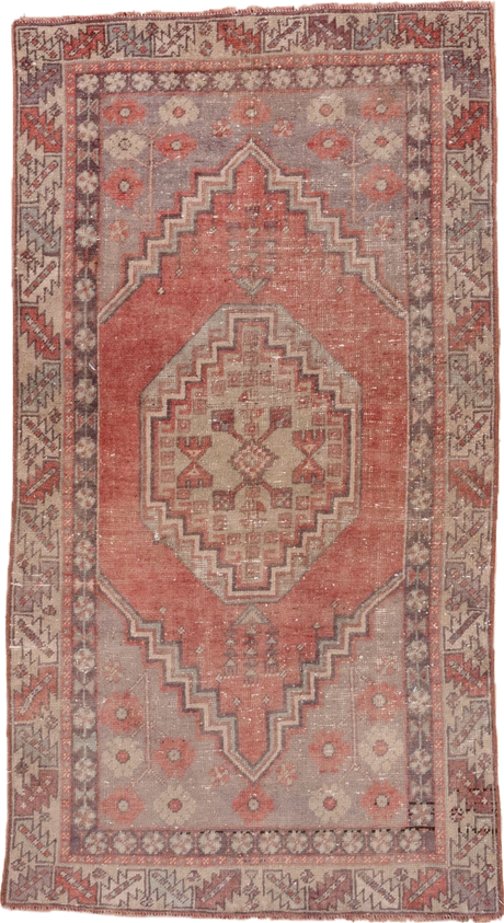 3' x 6' one-of-a-kind handmade vintage Oushak small size rug. Color palette: terra cotta, taupe, ivory, rose, rust, brown