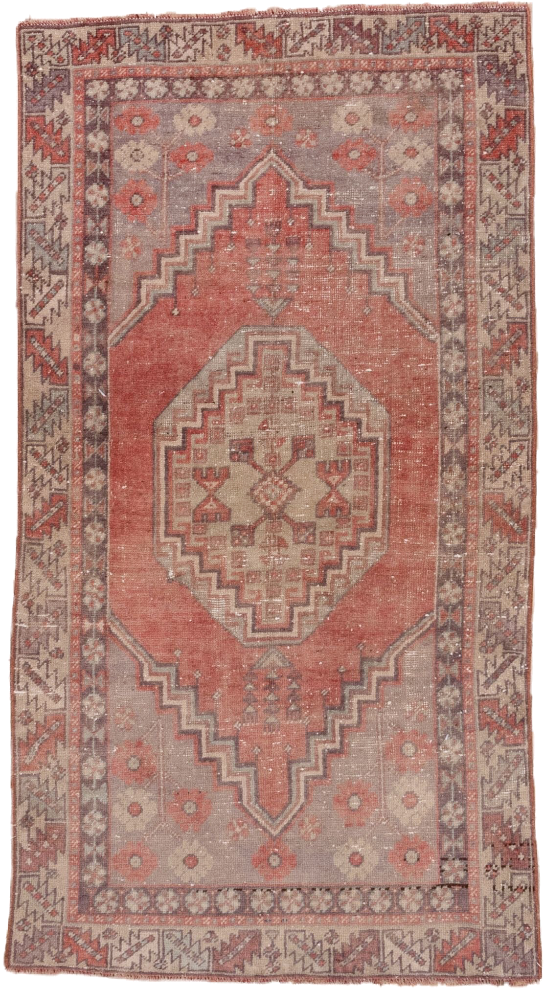 3' x 6' one-of-a-kind handmade vintage Oushak small size rug. Color palette: terra cotta, taupe, ivory, rose, rust, brown