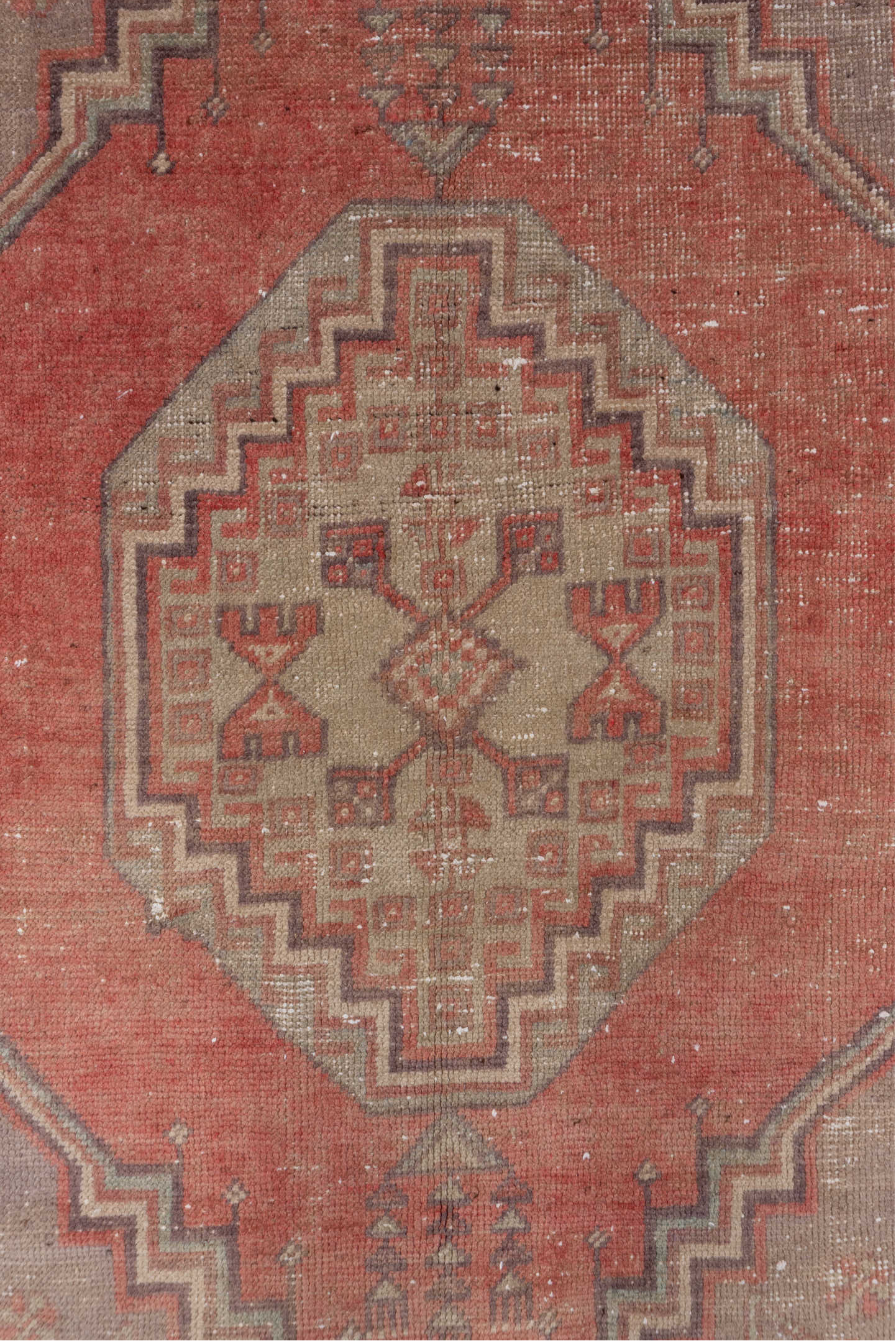 3' x 6' one-of-a-kind handmade vintage Oushak small size rug. Color palette: terra cotta, taupe, ivory, rose, rust, brown