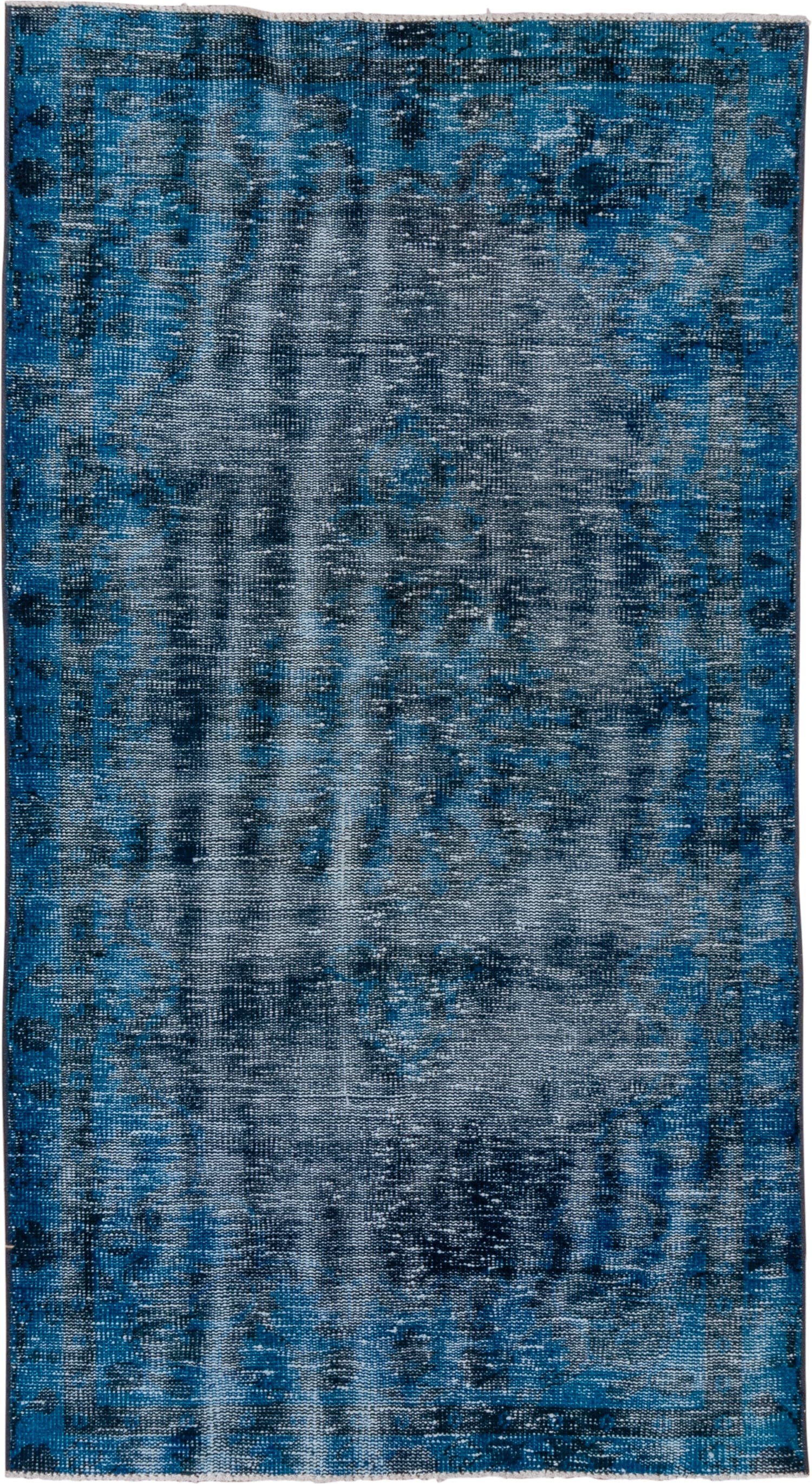 3' x 6' one-of-a-kind handmade vintage Overdyed small size rug. Color palette: blue, charcoal, slate, ivory, gray, black