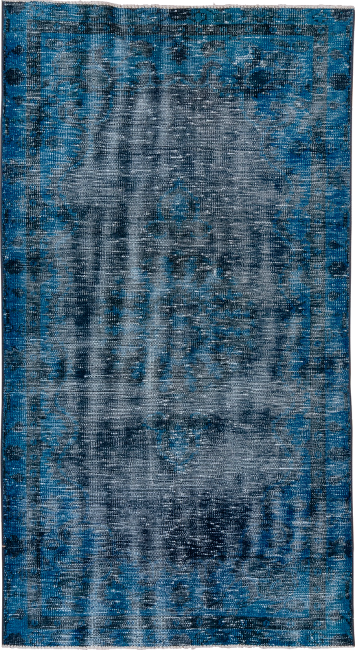 3' x 6' one-of-a-kind handmade vintage Overdyed small size rug. Color palette: arapawa, blue, gray, light blue, light gray