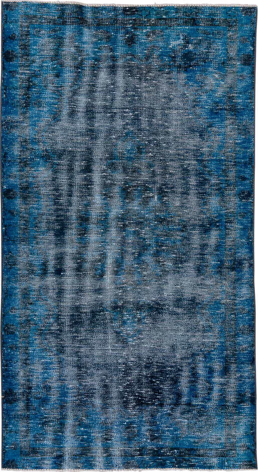 3' x 6' one-of-a-kind handmade vintage Overdyed small size rug. Color palette: arapawa, blue, gray, light blue, light gray