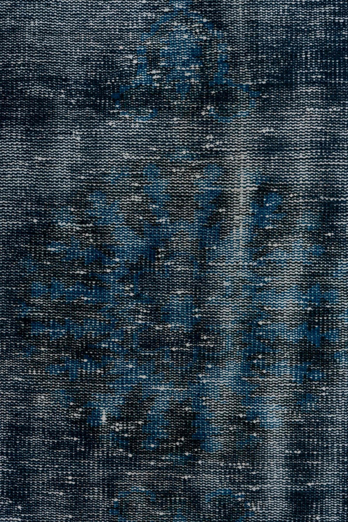 3' x 6' one-of-a-kind handmade vintage Overdyed small size rug. Color palette: blue, charcoal, slate, ivory, gray, black