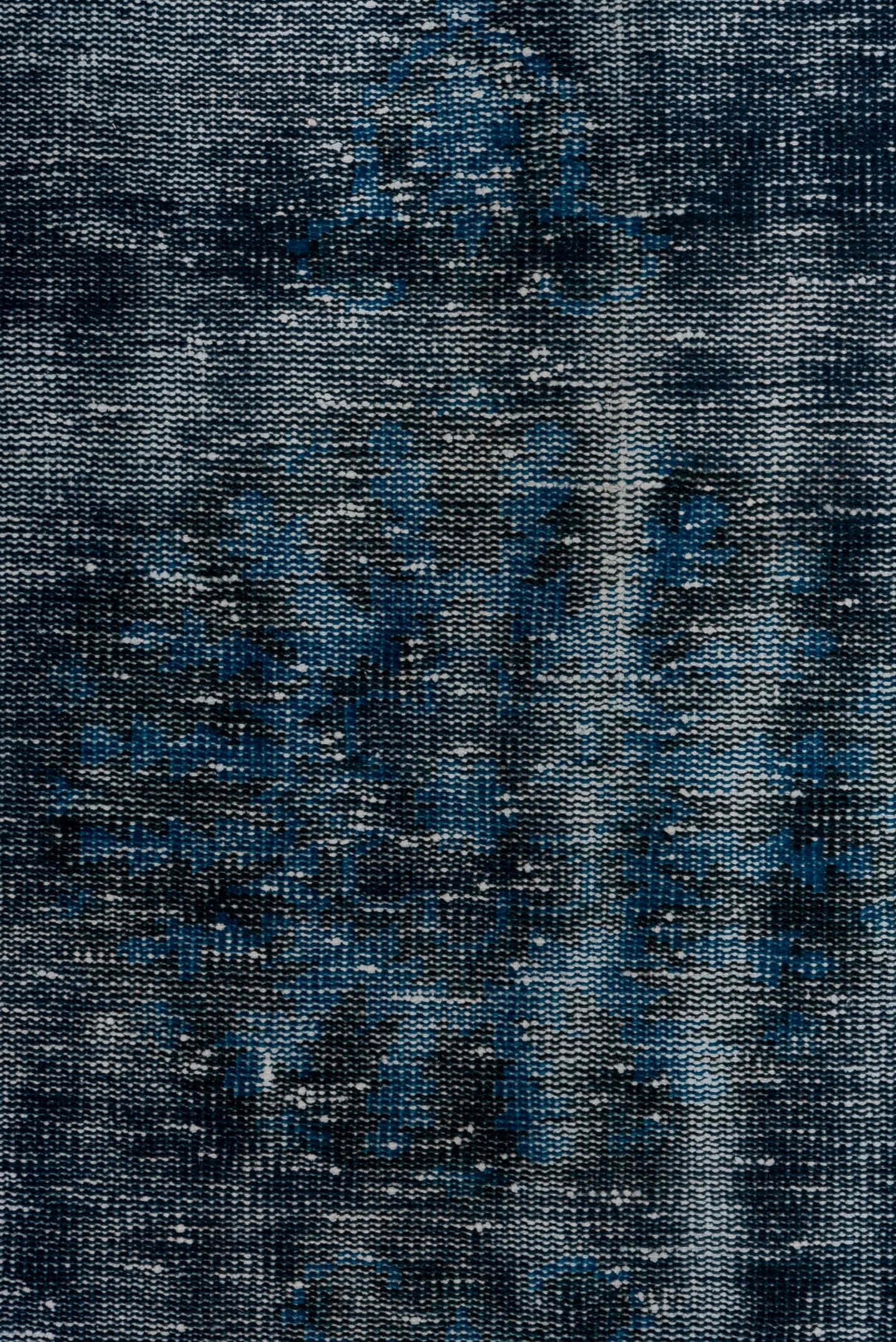 3' x 6' one-of-a-kind handmade vintage Overdyed small size rug. Color palette: blue, charcoal, slate, ivory, gray, black