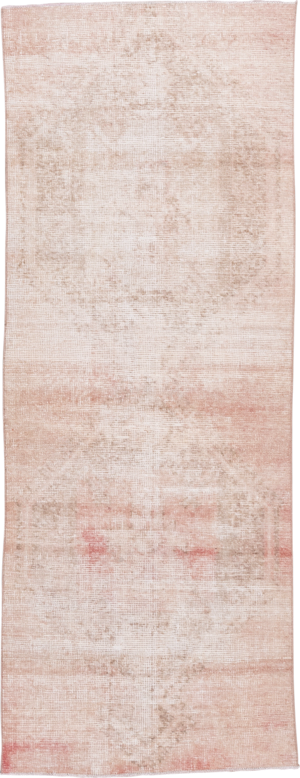 3' x 7' one-of-a-kind handmade vintage Oushak runner rug. Color palette: blush, ivory, beige, rose, taupe, pink, red, gray