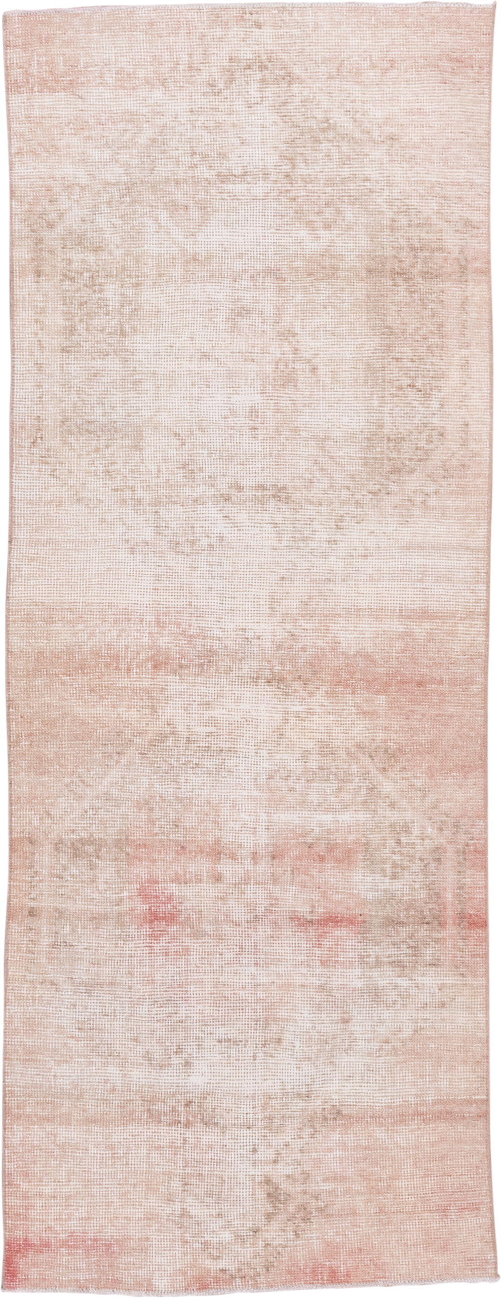 3' x 7' one-of-a-kind handmade vintage Oushak runner rug. Color palette: blush, ivory, beige, rose, taupe, pink, red, gray