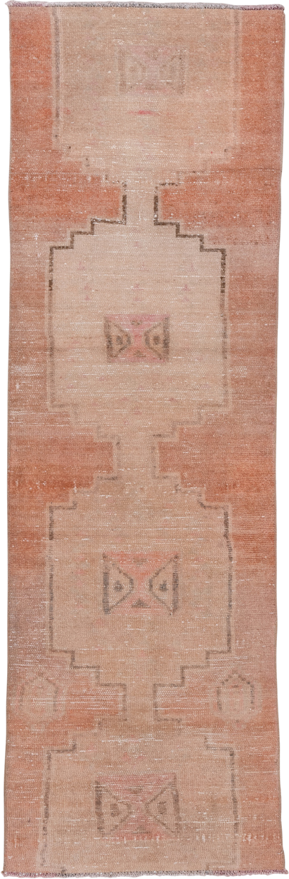 2' x 7' one-of-a-kind handmade vintage Oushak runner rug. Color palette: blush, peach, ivory, taupe, rose, pink, terracotta