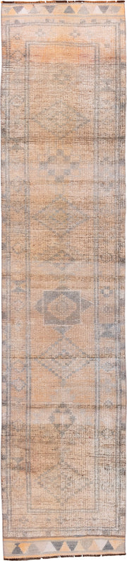 2' x 11' one-of-a-kind handmade vintage Oushak runner rug. Color palette: peach, gray, ivory, taupe, camel, terracotta, pink