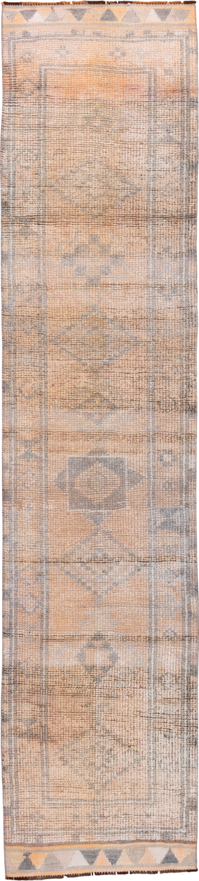 2' x 11' one-of-a-kind handmade vintage Oushak runner rug. Color palette: peach, gray, ivory, taupe, camel, terracotta, pink