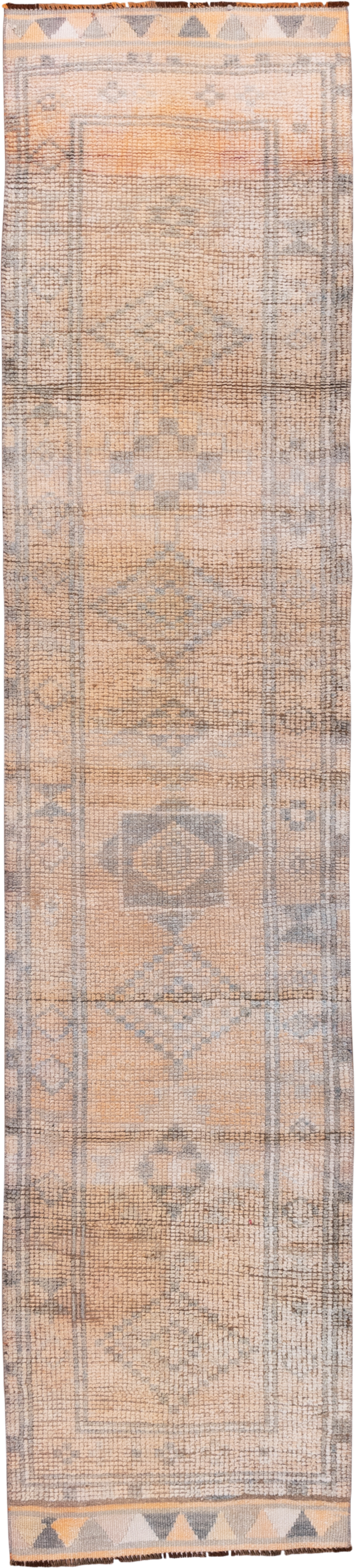 2' x 11' one-of-a-kind handmade vintage Oushak runner rug. Color palette: peach, gray, ivory, taupe, camel, terracotta, pink