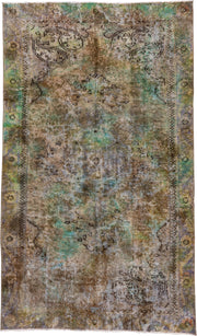 5' x 9' one-of-a-kind handmade vintage Overdyed medium size rug. Color palette: taupe, brown, aqua, sage, ivory, olive