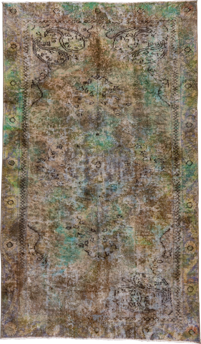 5' x 9' one-of-a-kind handmade vintage Overdyed medium size rug. Color palette: brown, gray, light gray, off-white, silver