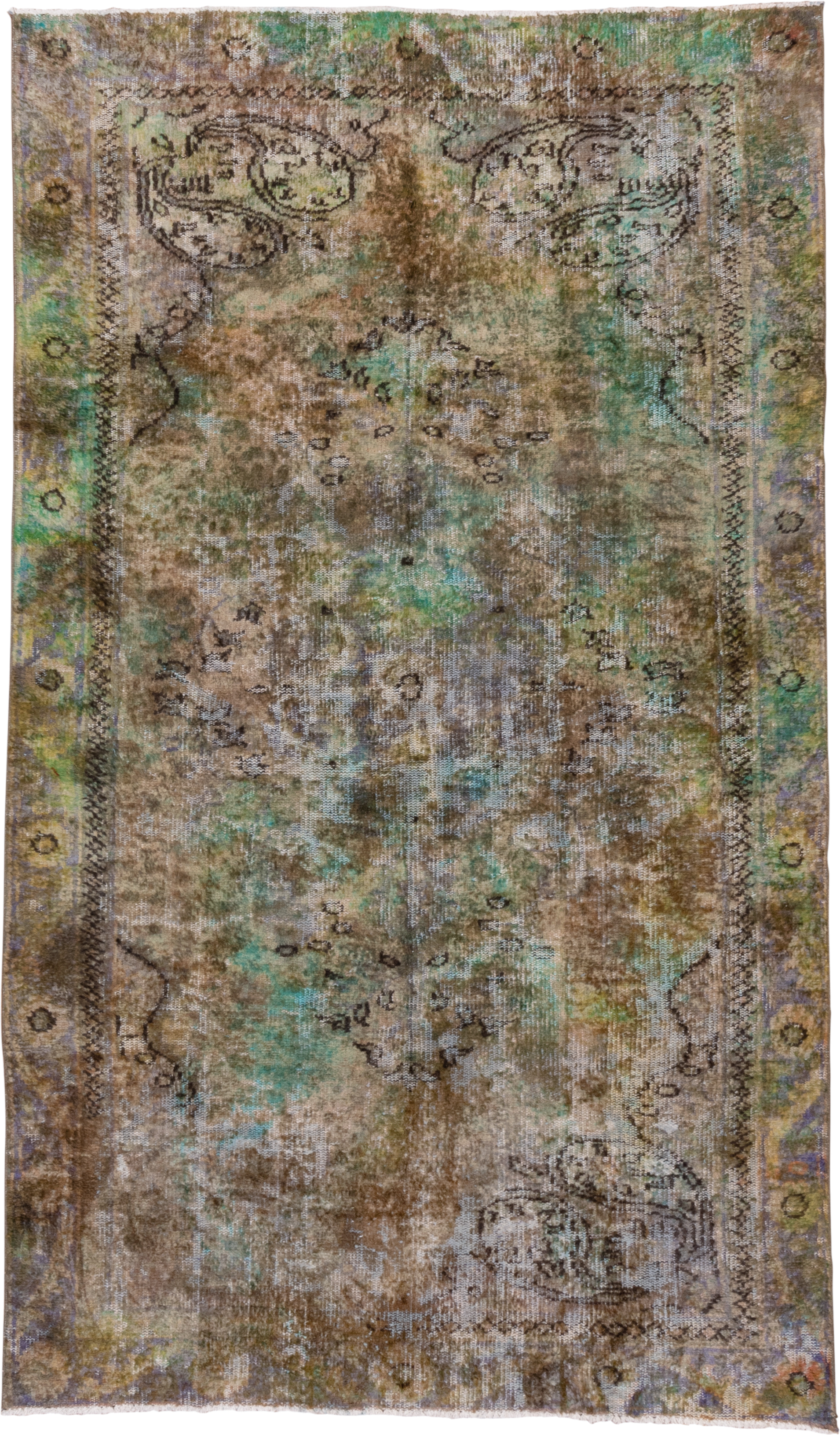 5' x 9' one-of-a-kind handmade vintage Overdyed medium size rug. Color palette: taupe, brown, aqua, sage, ivory, olive