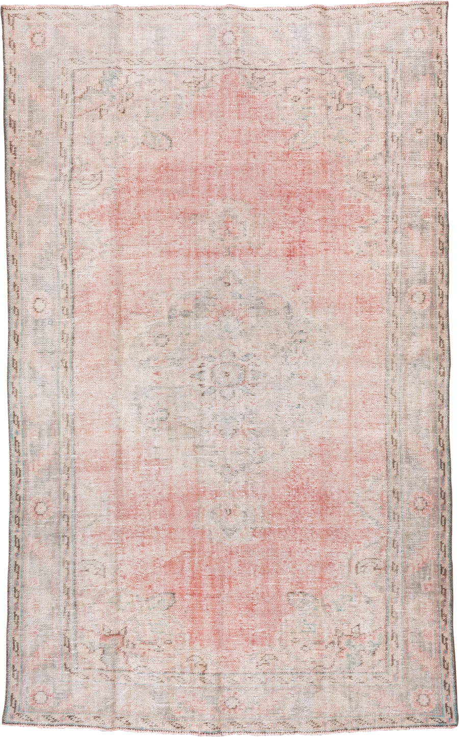 6' x 9' one-of-a-kind handmade vintage Oushak medium size rug. Color palette: blush, ivory, taupe, pale blue, sage, rose