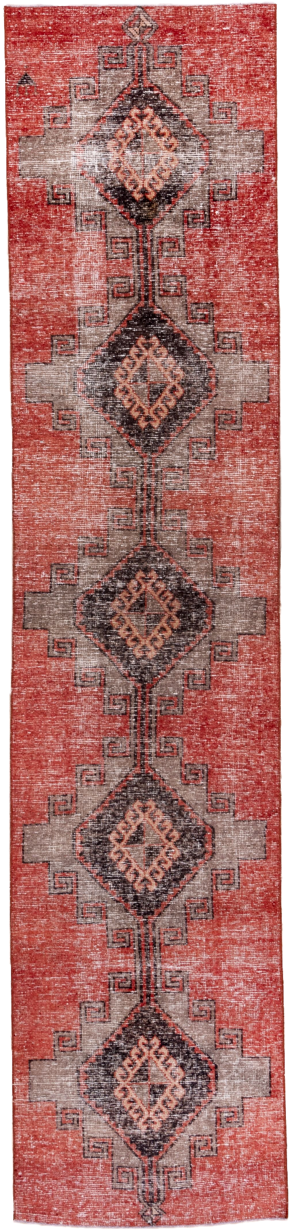 3' x 13' one-of-a-kind handmade vintage Oushak runner rug. Color palette: coral, charcoal, taupe, rose, ivory, terracotta