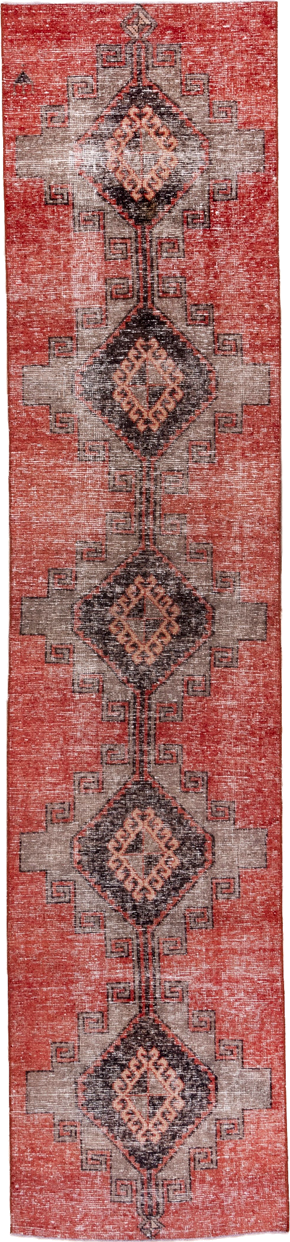 3' x 13' one-of-a-kind handmade vintage Oushak runner rug. Color palette: brown, gray, pink, red, redwood