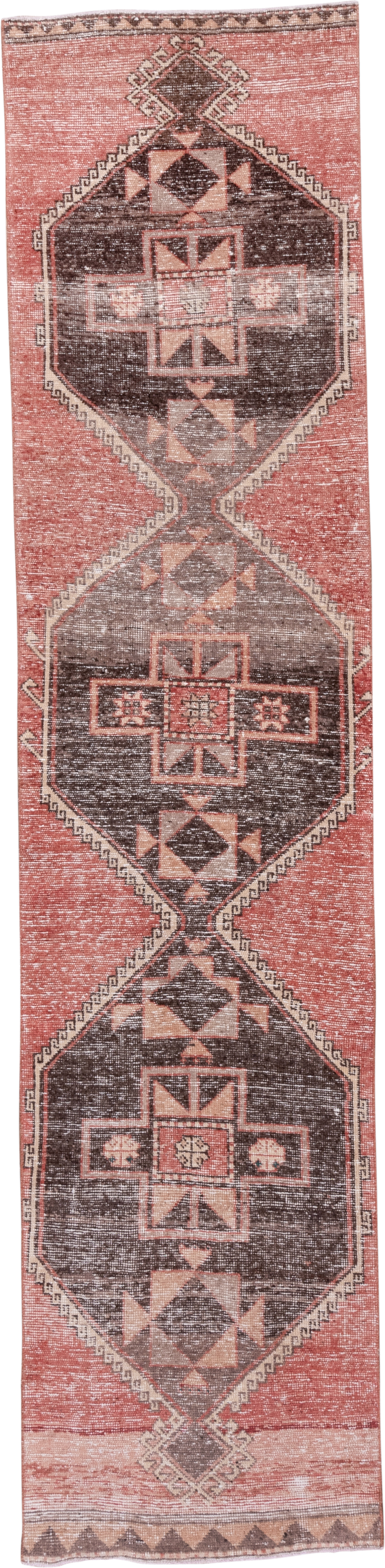 2' x 12' one-of-a-kind handmade vintage Oushak runner rug. Color palette: terra cotta, charcoal, blush, ivory, taupe, brown