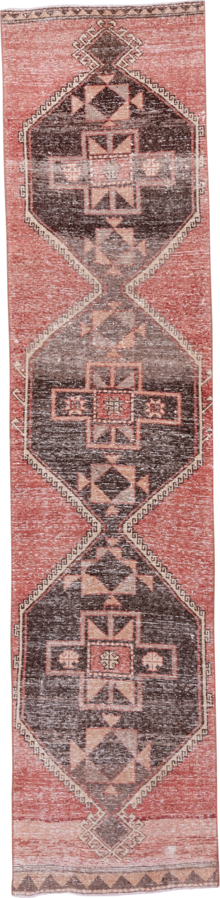 2' x 12' one-of-a-kind handmade vintage Oushak runner rug. Color palette: brown, gray, light gray, pink