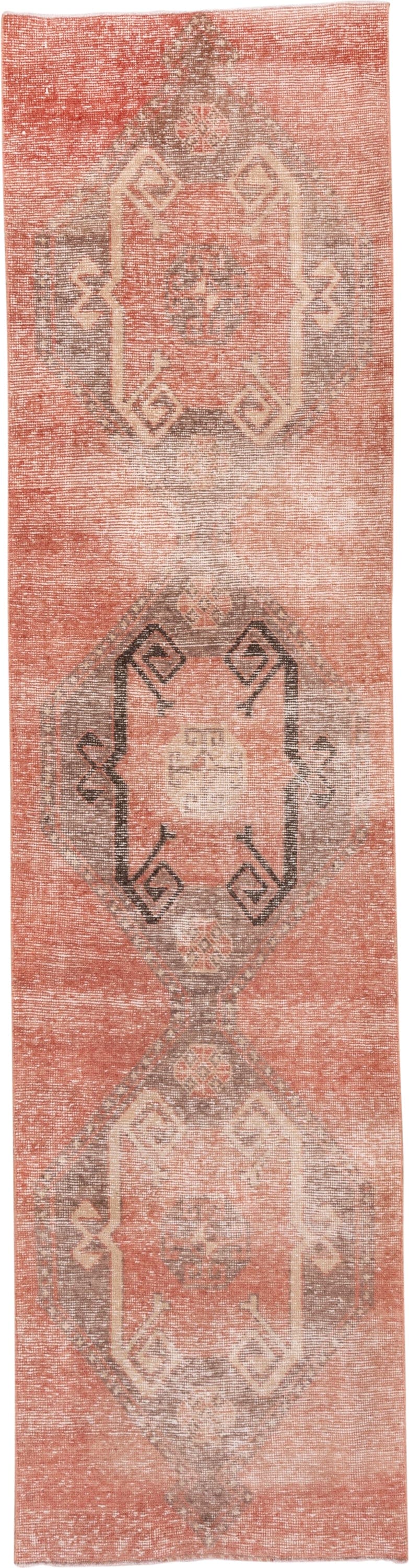 2' x 10' one-of-a-kind handmade vintage Oushak runner rug. Color palette: coral, taupe, ivory, charcoal, rose, terracotta