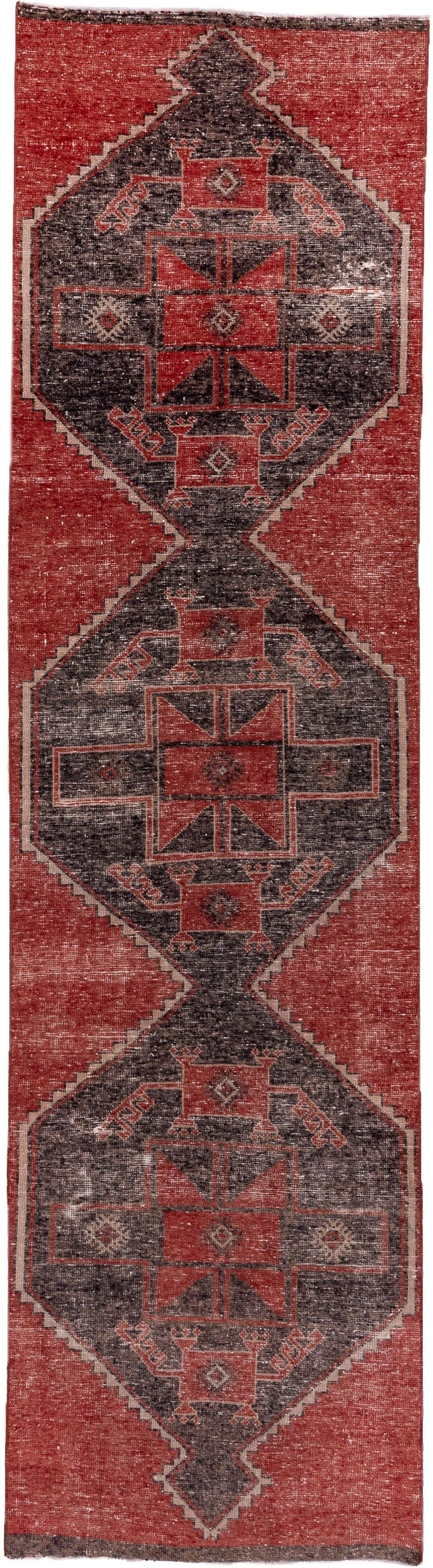 3' x 12' one-of-a-kind handmade vintage Oushak runner rug. Color palette: rust, charcoal, ivory, terra cotta, taupe