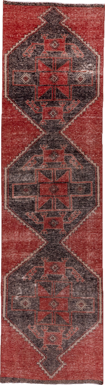 3' x 12' one-of-a-kind handmade vintage Oushak runner rug. Color palette: brown, gray, pink, red
