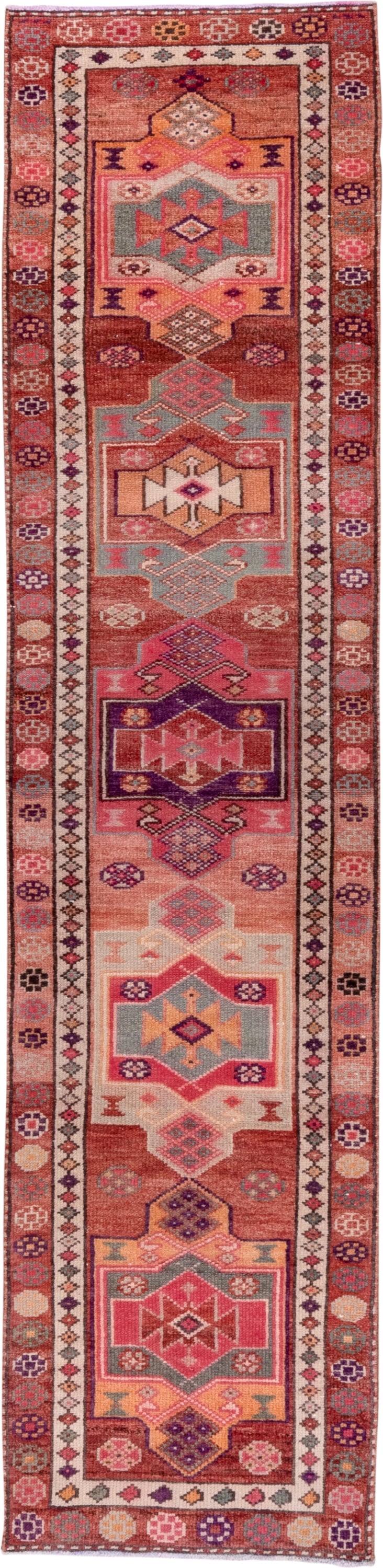 2' x 10' one-of-a-kind handmade vintage Oushak runner rug. Color palette: rose, rust, peach, ivory, plum, terra cotta, sage