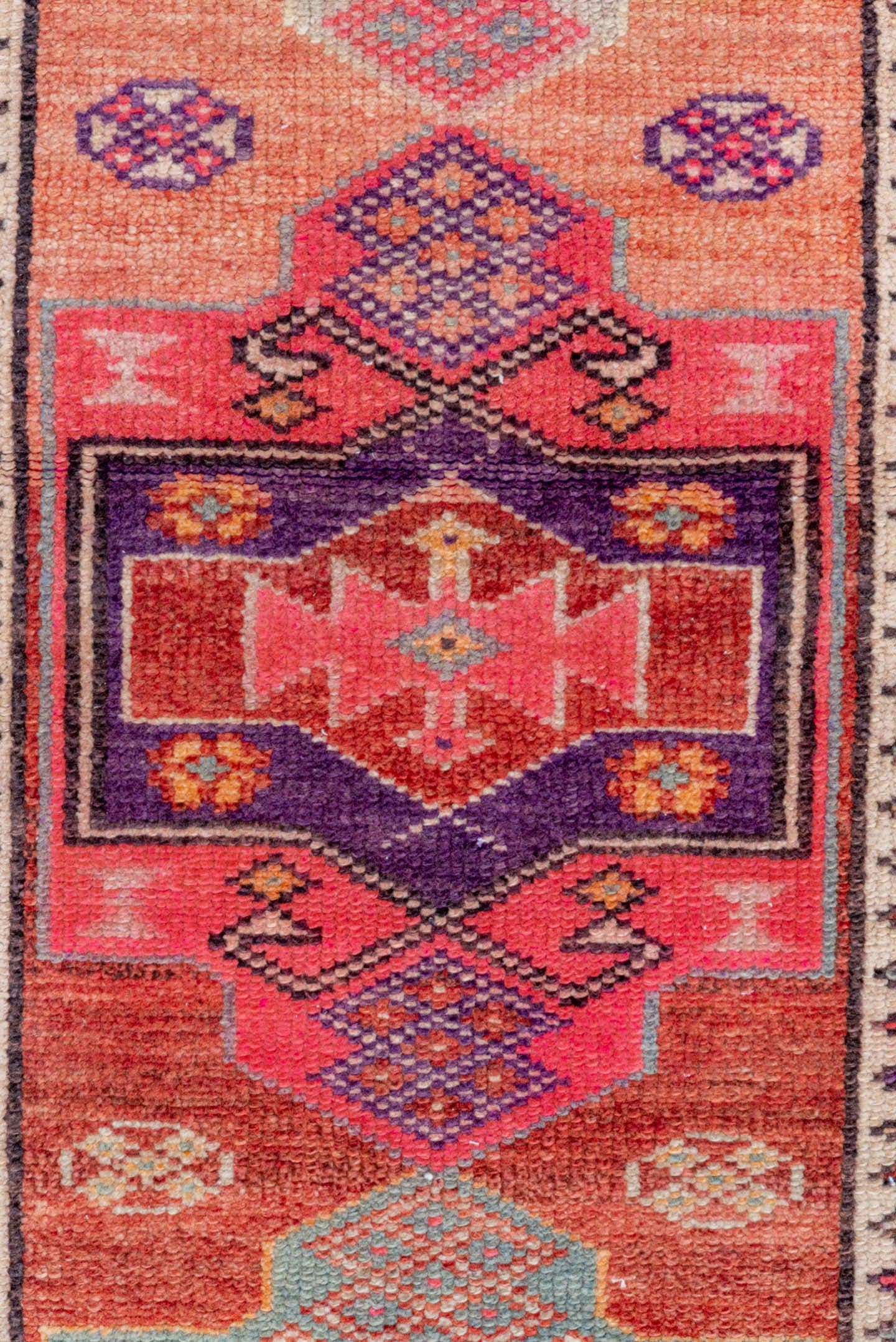 2' x 10' one-of-a-kind handmade vintage Oushak runner rug. Color palette: rose, rust, peach, ivory, plum, terra cotta, sage