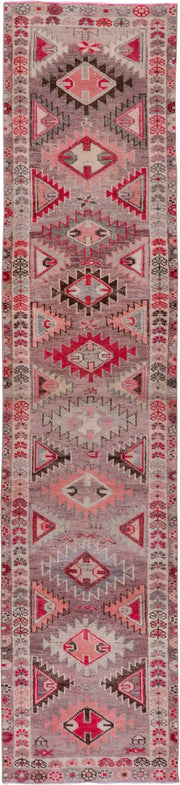 2' x 11' one-of-a-kind handmade vintage Oushak runner rug. Color palette: taupe, rose, crimson, ivory, charcoal, blush