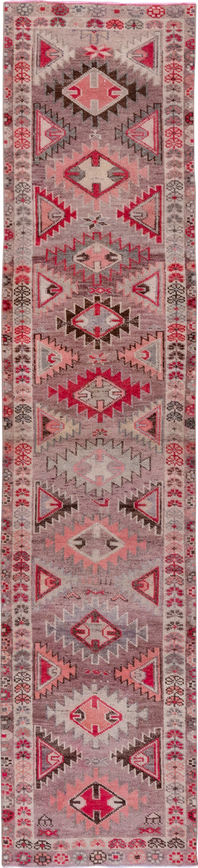 2' x 11' one-of-a-kind handmade vintage Oushak runner rug. Color palette: taupe, rose, crimson, ivory, charcoal, blush