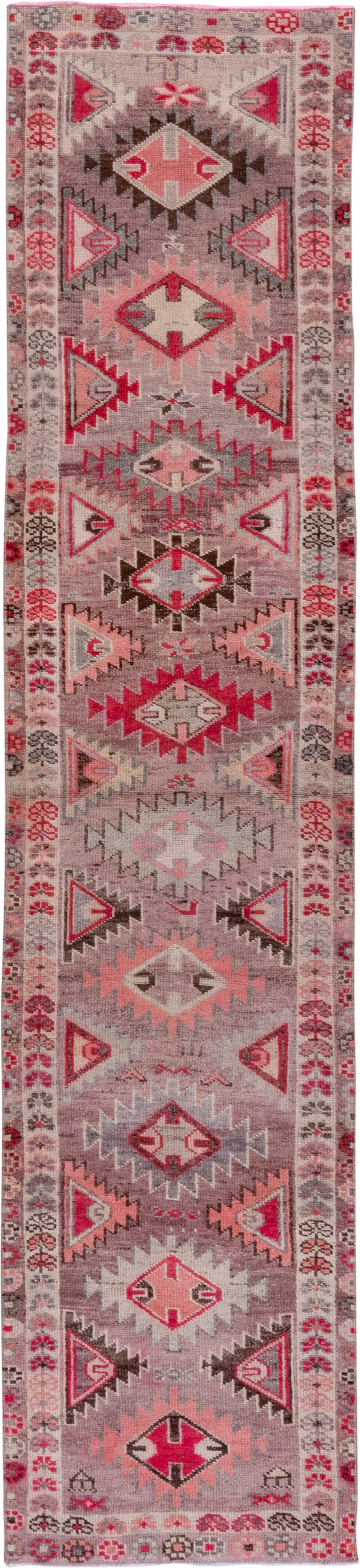 2' x 11' one-of-a-kind handmade vintage Oushak runner rug. Color palette: taupe, rose, crimson, ivory, charcoal, blush