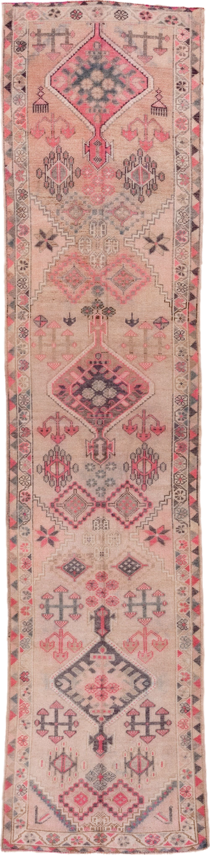 2' x 12' one-of-a-kind handmade vintage Oushak runner rug. Color palette: brown, gray, light gray, off-white, pink, red