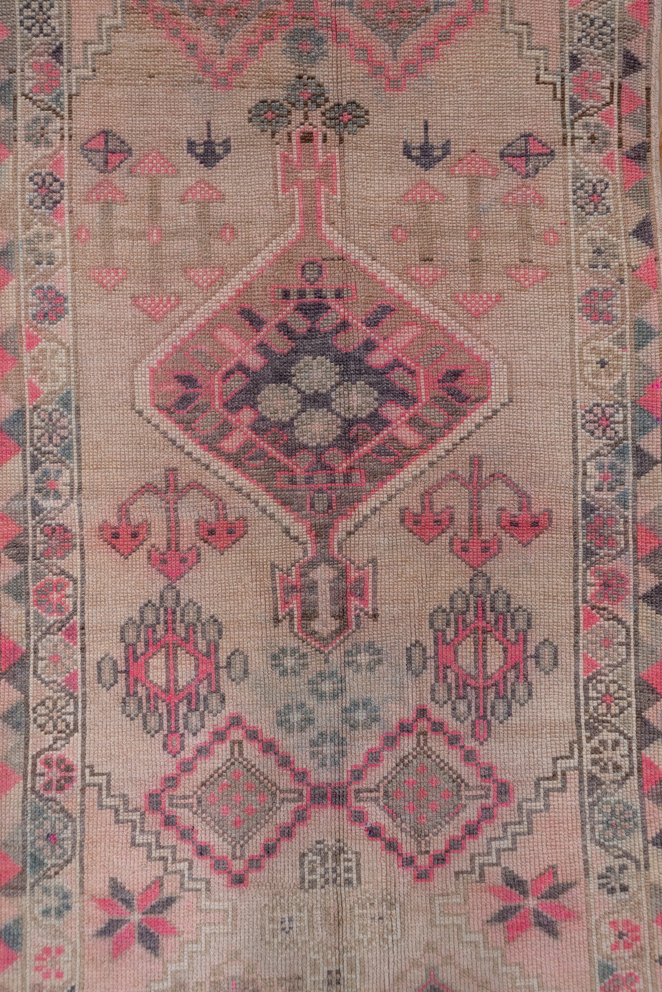 2' x 12' one-of-a-kind handmade vintage Oushak runner rug. Color palette: ivory, blush, rose, charcoal, taupe, coral, pink