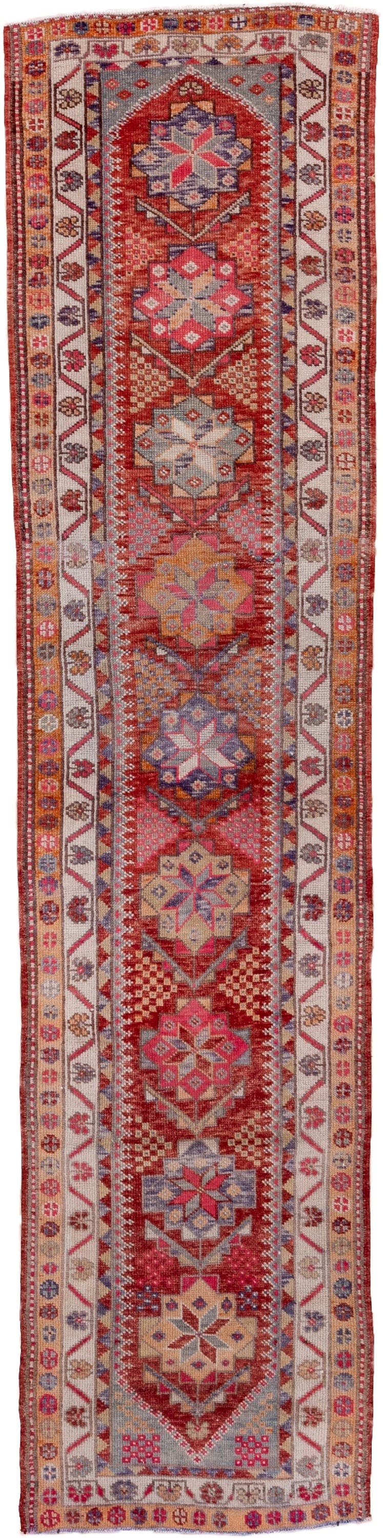 2' x 11' one-of-a-kind handmade vintage Oushak runner rug. Color palette: red, ivory, blue, pink, gold, rust, lavender
