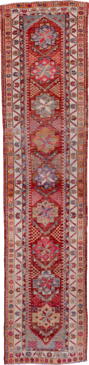 2' x 11' one-of-a-kind handmade vintage Oushak runner rug. Color palette: brown, dark salmon, gray, indian red, light gray