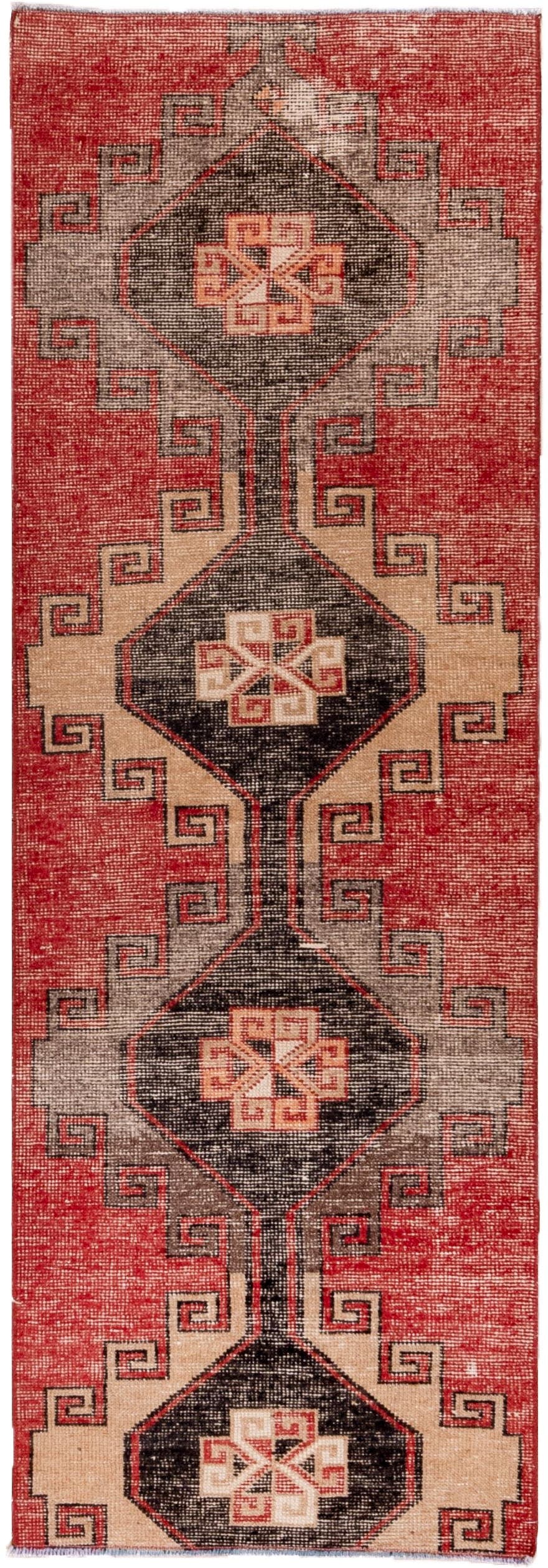 2' x 7' one-of-a-kind handmade vintage Oushak runner rug. Color palette: red, charcoal, ivory, rose, taupe, gray, black