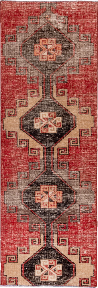 2' x 7' one-of-a-kind handmade vintage Oushak runner rug. Color palette: black, brown, gray, indian red, orange, pink, red