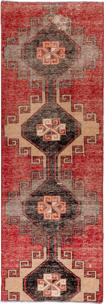 2' x 7' one-of-a-kind handmade vintage Oushak runner rug. Color palette: red, charcoal, ivory, rose, taupe, gray, black