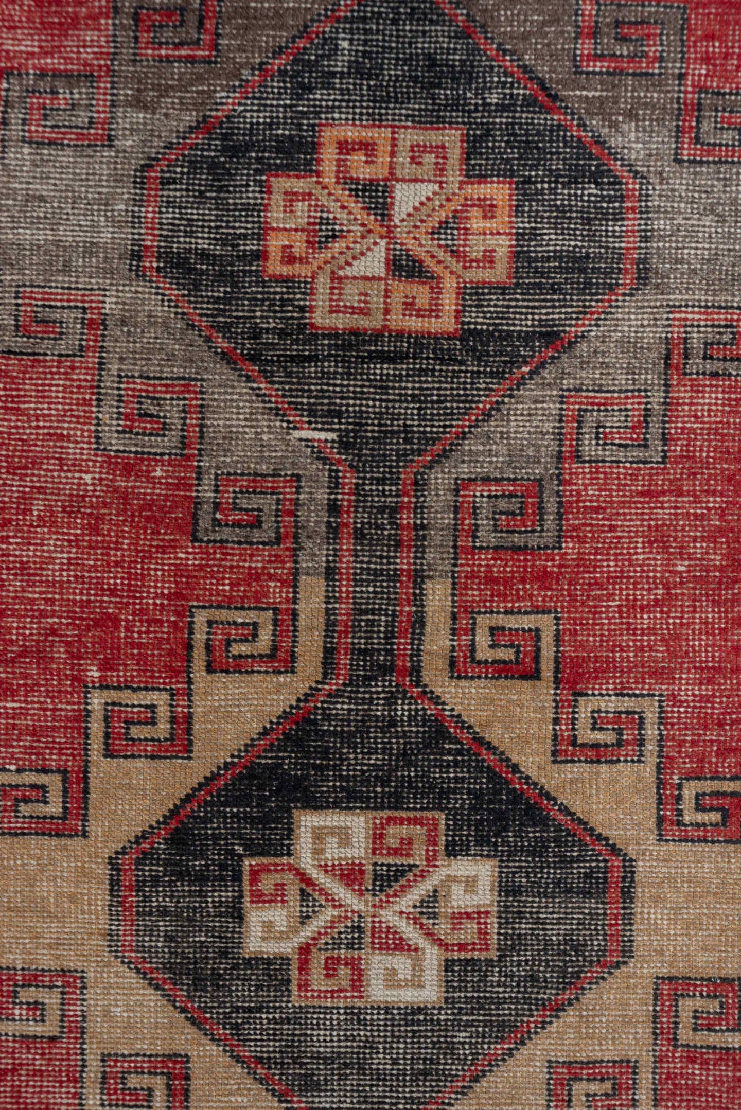 2' x 7' one-of-a-kind handmade vintage Oushak runner rug. Color palette: red, charcoal, ivory, rose, taupe, gray, black