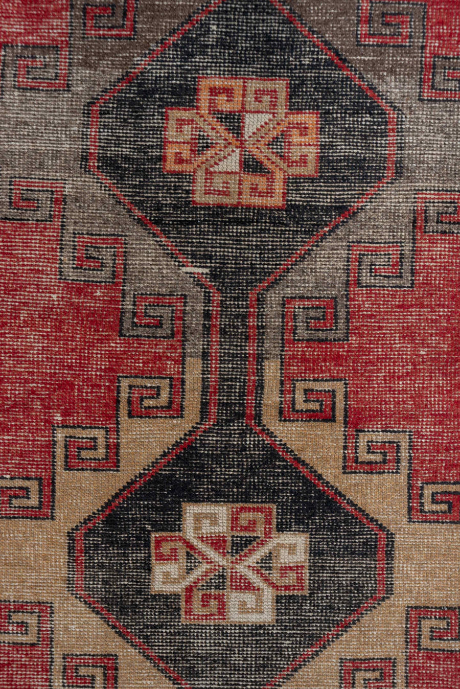 2' x 7' one-of-a-kind handmade vintage Oushak runner rug. Color palette: red, charcoal, ivory, rose, taupe, gray, black