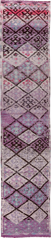 2' x 11' one-of-a-kind handmade vintage Oushak runner rug. Color palette: lavender, plum, ivory, aqua, rose, charcoal