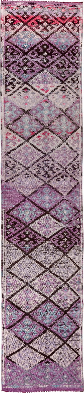 2' x 11' one-of-a-kind handmade vintage Oushak runner rug. Color palette: lavender, plum, ivory, aqua, rose, charcoal